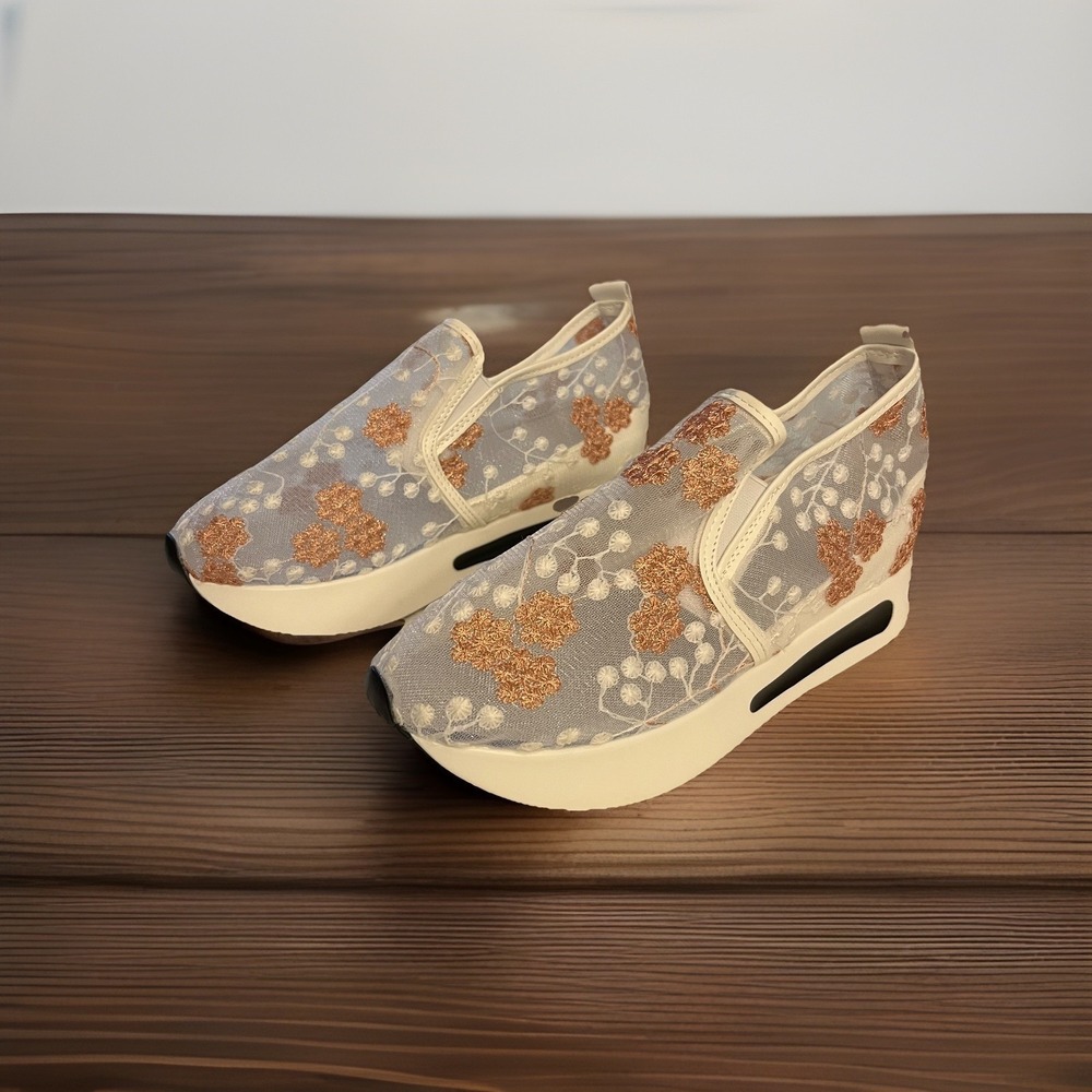 Floral Embroidery Mesh Sneakers  Wedges White Rose Casual Shoes Sz 10.5 UK 42